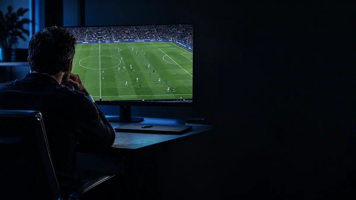 Football analyst studying a match on a monitor in a dark, blue-lit studio